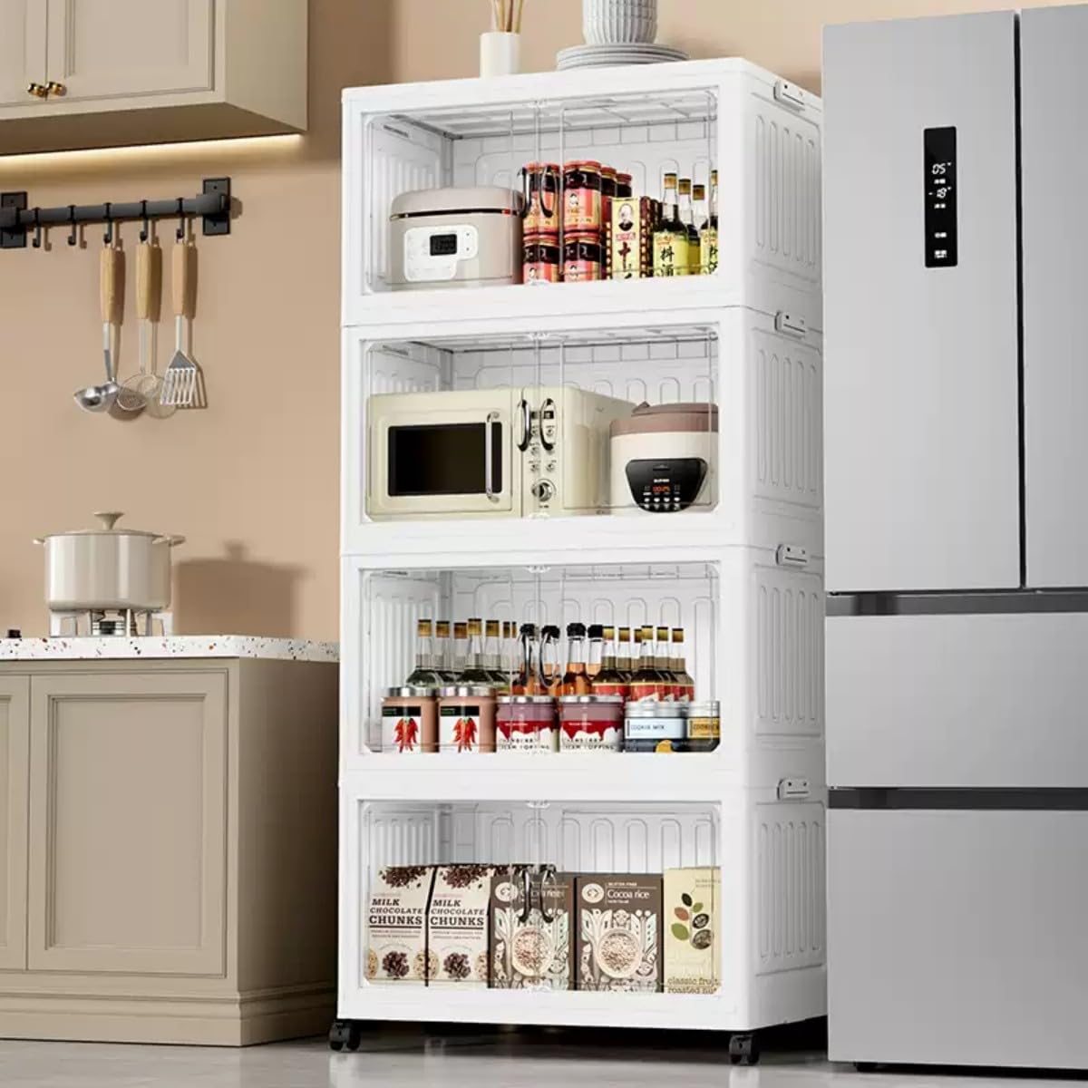 Armário Organizador Dobrável com Rodas 360°, 4 Camadas, 60x35x134.5cm, Caixa de Armazenamento Multiuso para Casa, Quarto, Cozinha