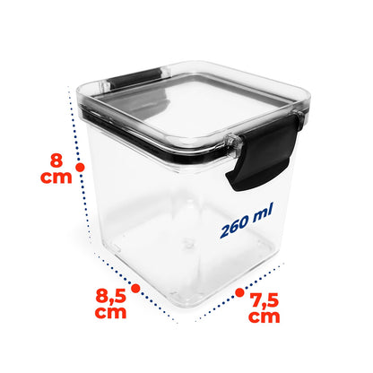 Kit 6 Potes Herméticos Mini Block Plasnorthon 260 ml Porta Temperos Para Cozinha e Bancada Com Suporte em Acrílico