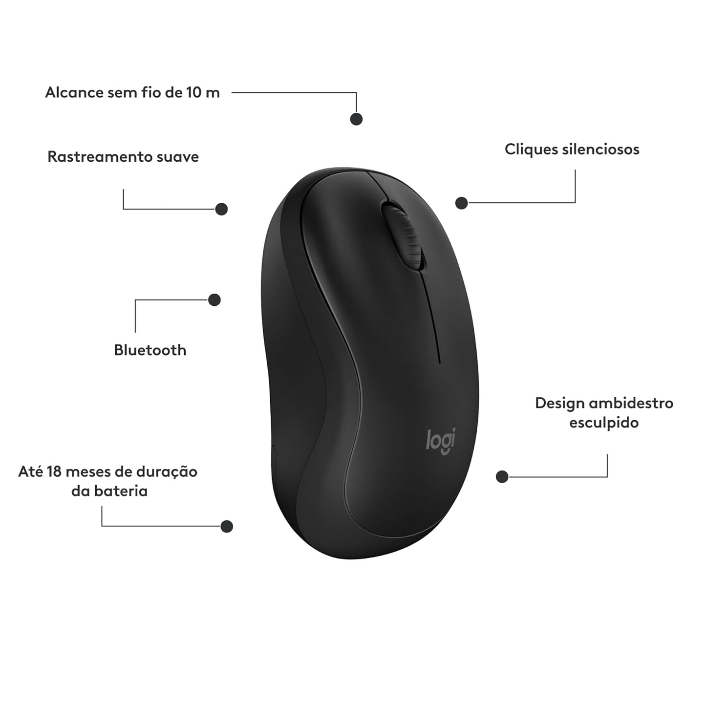 Mouse Sem Fio Logitech M240 com Conexão Bluetooth, Clique Silencioso, Design Ambidestro Compacto, Bateria de 18 Meses, Compatível com Windows, macOS, ChromeOS - Preto