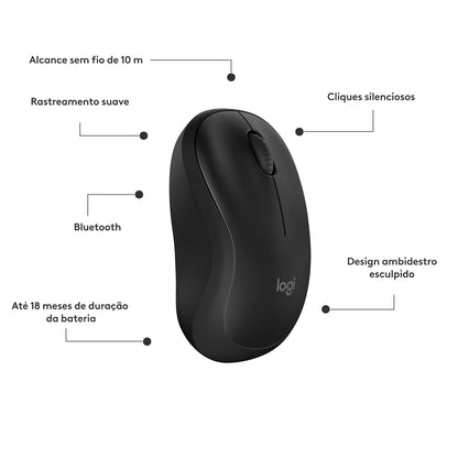 Mouse Sem Fio Logitech M240 com Conexão Bluetooth, Clique Silencioso, Design Ambidestro Compacto, Bateria de 18 Meses, Compatível com Windows, macOS, ChromeOS - Preto
