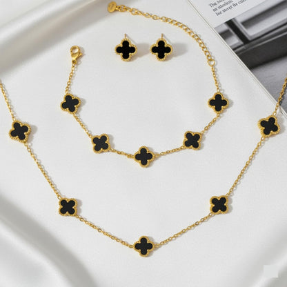 Kit Colar Choker Pulseira E Brinco Trevo Preto Gargantilha Sorte Luxo Elegante Virginia Aço Inox Dourado Inspire by Adriana