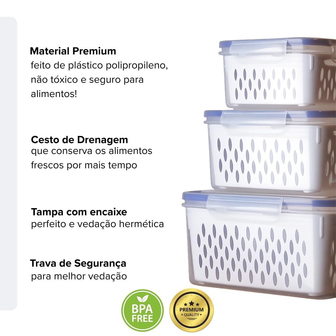 Kit 3 Potes Organizadores Herméticos para Geladeira com Cesto Escorredor, Trava nas Tampas, Sem BPA, Premium
