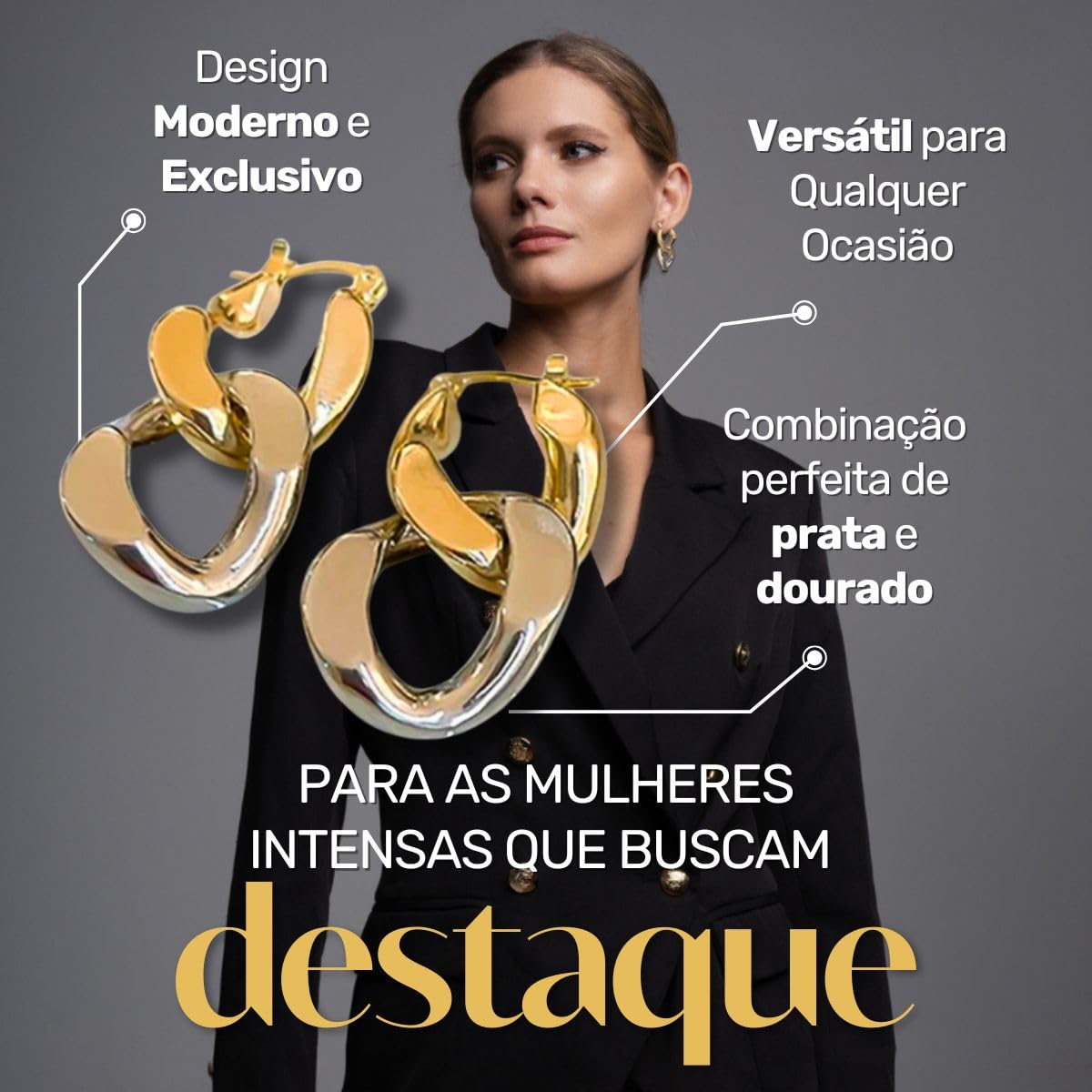 Brinco Feminino "Duo Color" – Design Moderno Bicolor em Prata e Dourado, Semijoia Sofisticada em Cobre – Estilo Versátil e Elegante – Acompanha Bolsa de Veludo