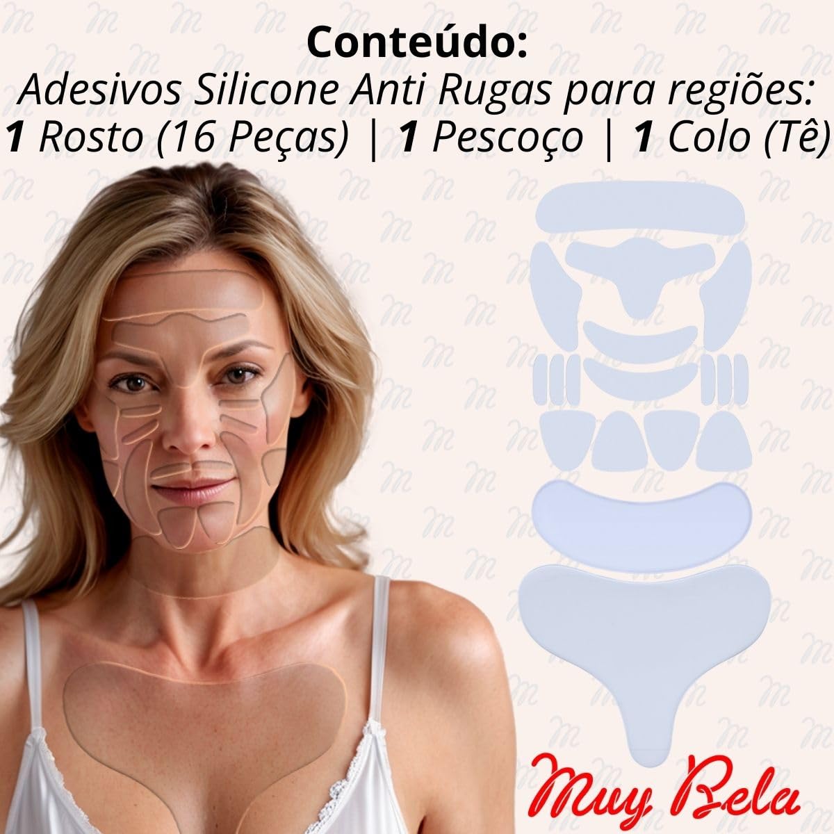 Kit Adesivo Anti Rugas em Silicone para Rosto, Colo e Pescoço, 18 Peças, Reutilizável e Lavável, Skin Care