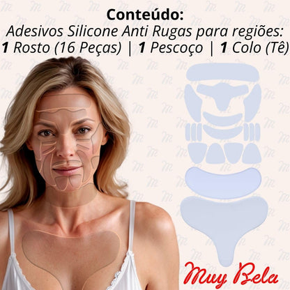 Kit Adesivo Anti Rugas em Silicone para Rosto, Colo e Pescoço, 18 Peças, Reutilizável e Lavável, Skin Care
