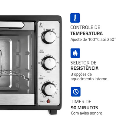 MONDIAL Forno Elétrico 52L Grand Family II, Preto/Inox, 1800W, 220V - FRN-52-B