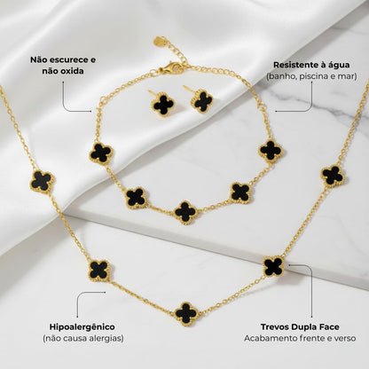 Kit Colar Choker Pulseira E Brinco Trevo Preto Gargantilha Sorte Luxo Elegante Virginia Aço Inox Dourado Inspire by Adriana