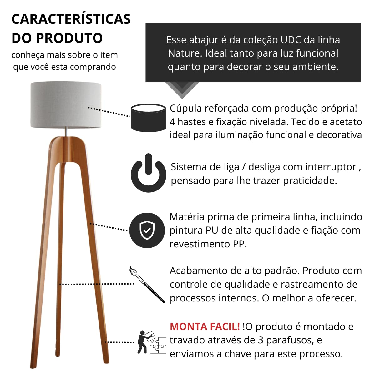 UNIDECOR CASA Luminária Abajur de Chão Tripé Tradicional Madeira Maciça Cúpula de Tecido Linho