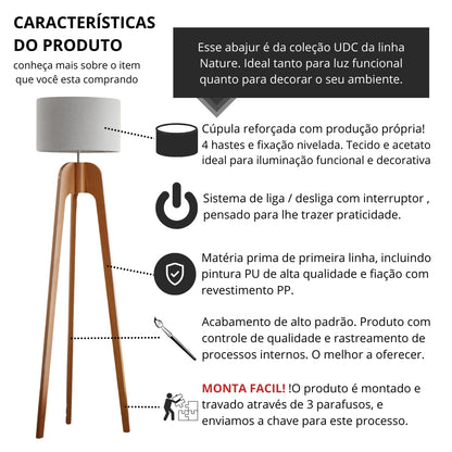 UNIDECOR CASA Luminária Abajur de Chão Tripé Tradicional Madeira Maciça Cúpula de Tecido Linho