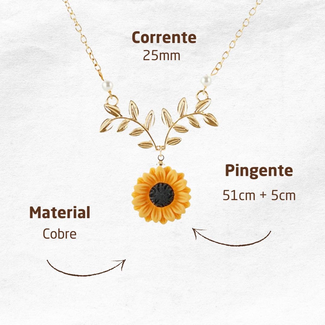 Colar Feminino "Sunshine" Girassol em Cobre Banhado a Ouro 51cm Ajustável – Significado, Estilo e Elegância - Acompanha Bolsa de Veludo