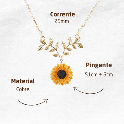 Colar Feminino "Sunshine" Girassol em Cobre Banhado a Ouro 51cm Ajustável – Significado, Estilo e Elegância - Acompanha Bolsa de Veludo