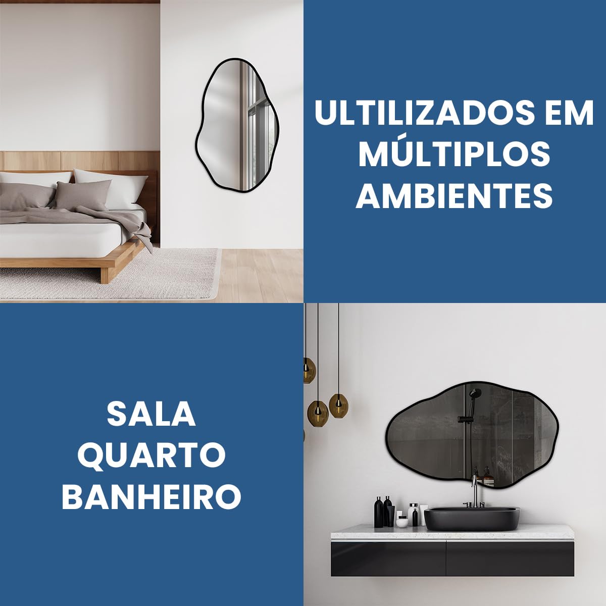 Espelho Orgânico Pedra 80x50cm Design Moderno com Moldura em Couro para Decoração Sofisticada (Preto)