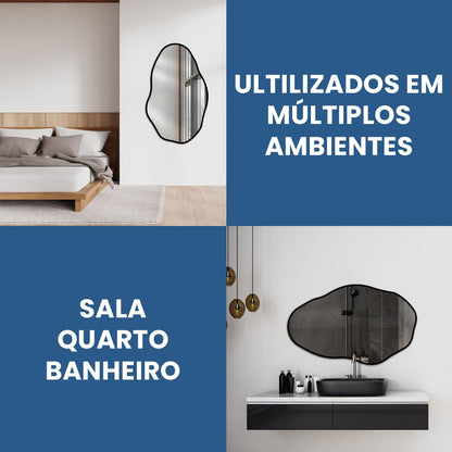 Espelho Orgânico Pedra 80x50cm Design Moderno com Moldura em Couro para Decoração Sofisticada (Preto)