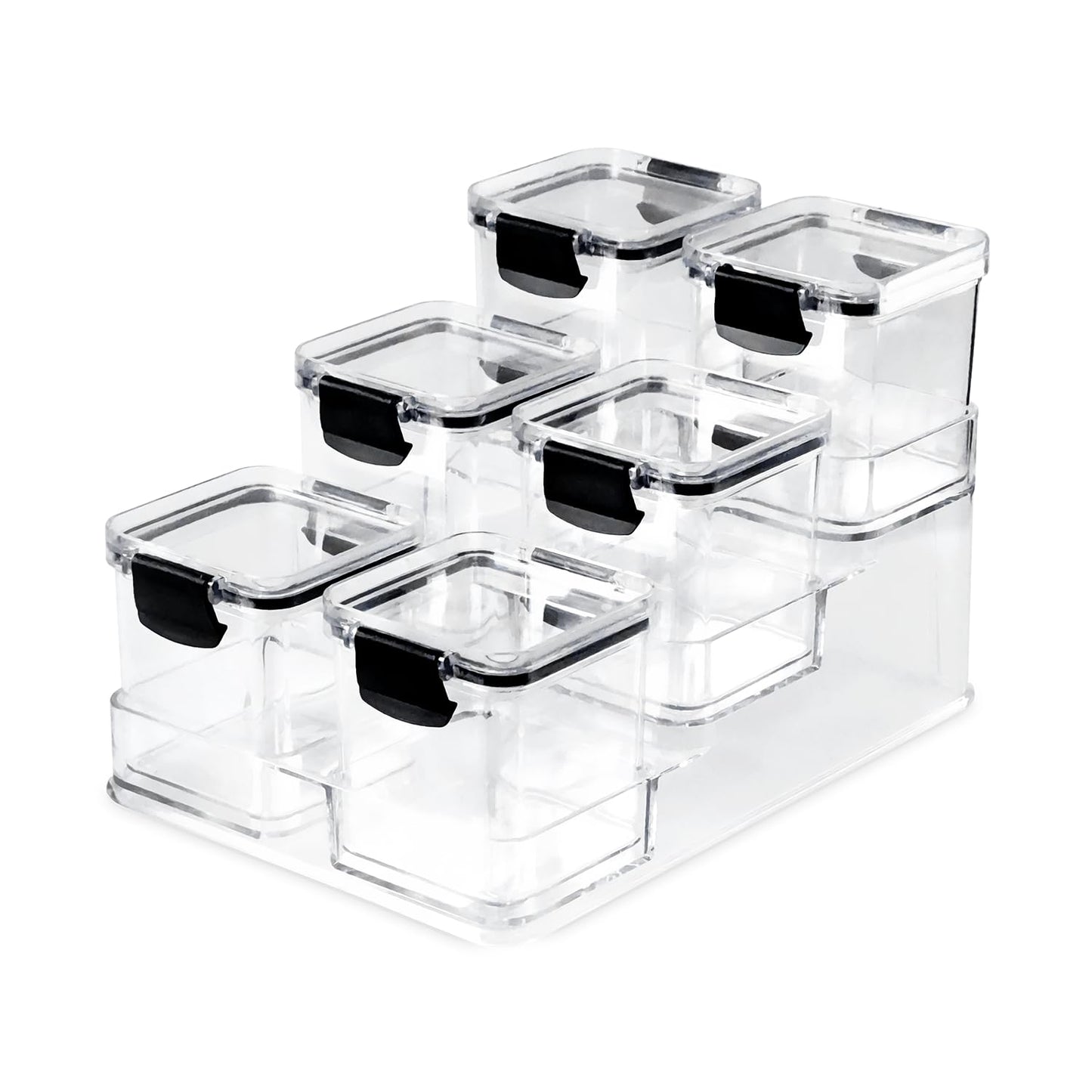 Kit 6 Potes Herméticos Mini Block Plasnorthon 260 ml Porta Temperos Para Cozinha e Bancada Com Suporte em Acrílico