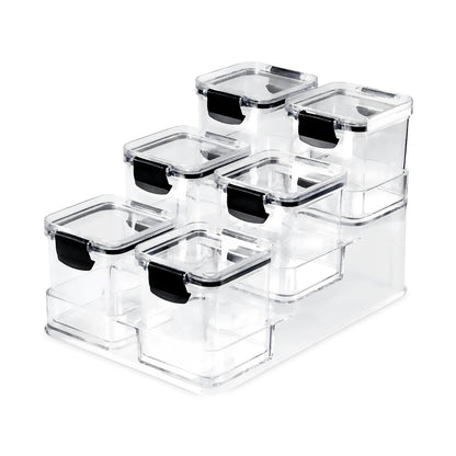 Kit 6 Potes Herméticos Mini Block Plasnorthon 260 ml Porta Temperos Para Cozinha e Bancada Com Suporte em Acrílico
