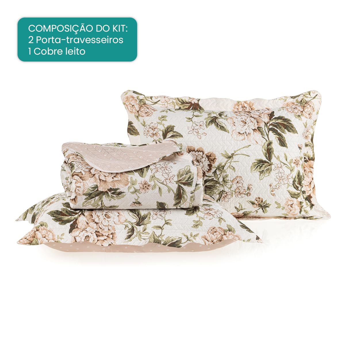 BEM CASA Kit Cobre Leito Colcha Boutis 3 Peças Matelado Ultrassônico Estampado Dupla Face Porta Travesseiro Aba Americana Micro Percal 150 Fios (Beatriz Rose, Casal)