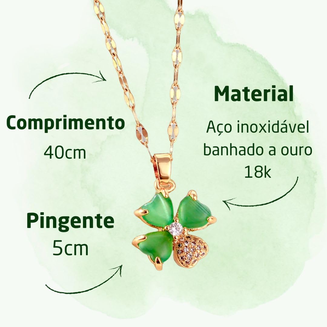 Colar Feminino Trevo de Quatro Folhas - "Emerald Hope" em Aço Inoxidável Banhado a Ouro 18K com Zircônia Verde – 40cm