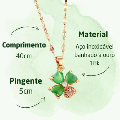 Colar Feminino Trevo de Quatro Folhas - "Emerald Hope" em Aço Inoxidável Banhado a Ouro 18K com Zircônia Verde – 40cm