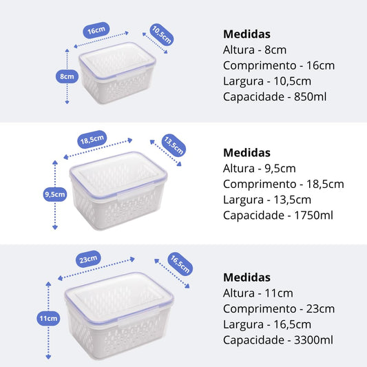 Kit 3 Potes Organizadores Herméticos para Geladeira com Cesto Escorredor, Trava nas Tampas, Sem BPA, Premium