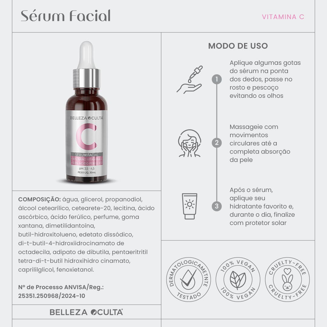 Serum Facial 30Ml Nano Vitamina C 10% + Ácido Ferúlico 0,5% - Belleza Oculta