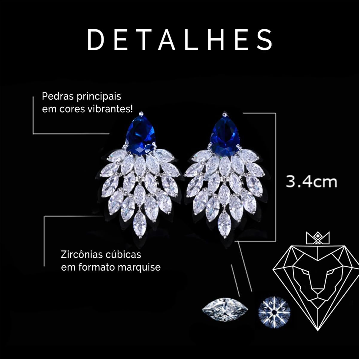 Brincos Femininos Festa Luxo "Mystic Feather" – Cravejado em Zircônias Marquise – 4 Cores – Moderno, Elegante e Sofisticado – Acompanha Bolsa de Veludo