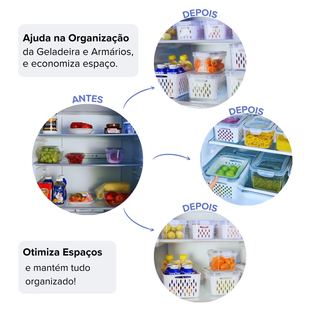 Kit 3 Potes Organizadores Herméticos para Geladeira com Cesto Escorredor, Trava nas Tampas, Sem BPA, Premium