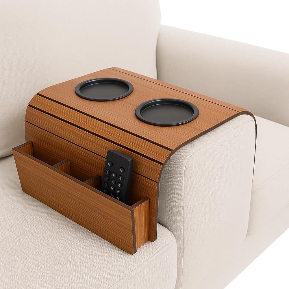 Kit 2 esteiras para braço de sofá com Bolacha de copos e porta controle material MDF protege seu sofá (1 esteira COM porta controle, 1 esteira simples, 4 Suporte copos)