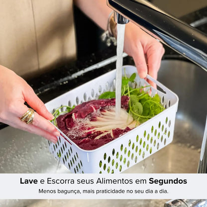 Kit 3 Potes Organizadores Herméticos para Geladeira com Cesto Escorredor, Trava nas Tampas, Sem BPA, Premium