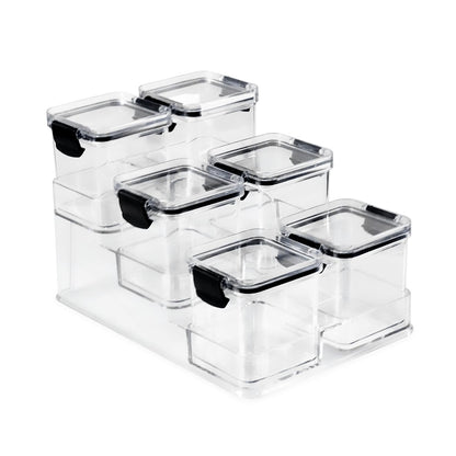 Kit 6 Potes Herméticos Mini Block Plasnorthon 260 ml Porta Temperos Para Cozinha e Bancada Com Suporte em Acrílico