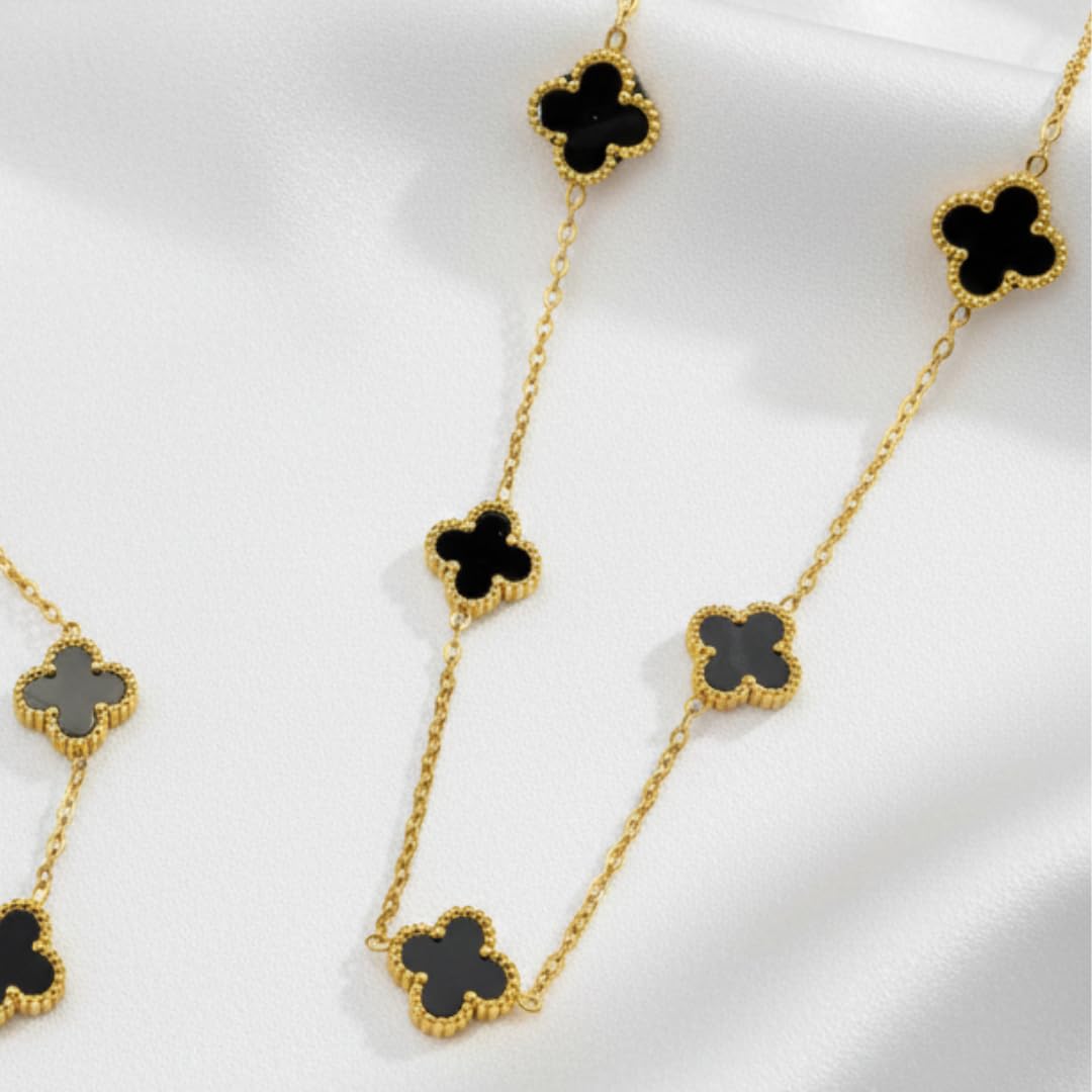 Kit Colar Choker Pulseira E Brinco Trevo Preto Gargantilha Sorte Luxo Elegante Virginia Aço Inox Dourado Inspire by Adriana