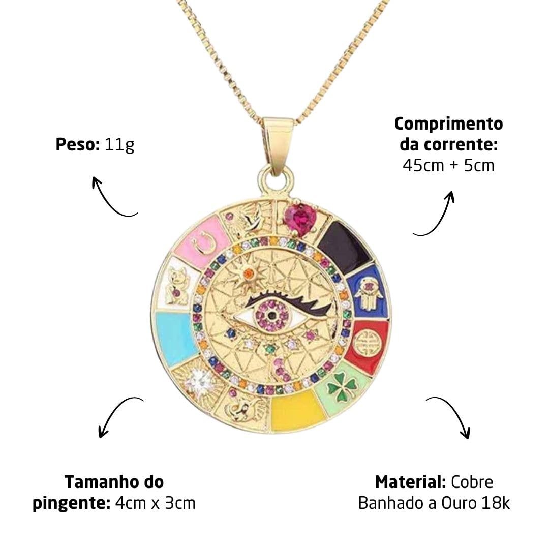 Colar Feminino Amuleto "Roda da Fortuna" com 13 Símbolos de Sorte, Proteção Espiritual e Fé, Banhado a Ouro 18k, Ajustável – Acompanha Bolsa de Veludo