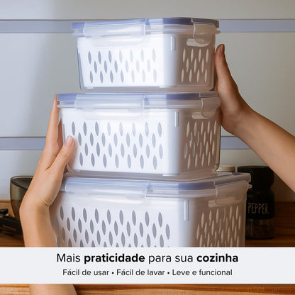 Kit 3 Potes Organizadores Herméticos para Geladeira com Cesto Escorredor, Trava nas Tampas, Sem BPA, Premium