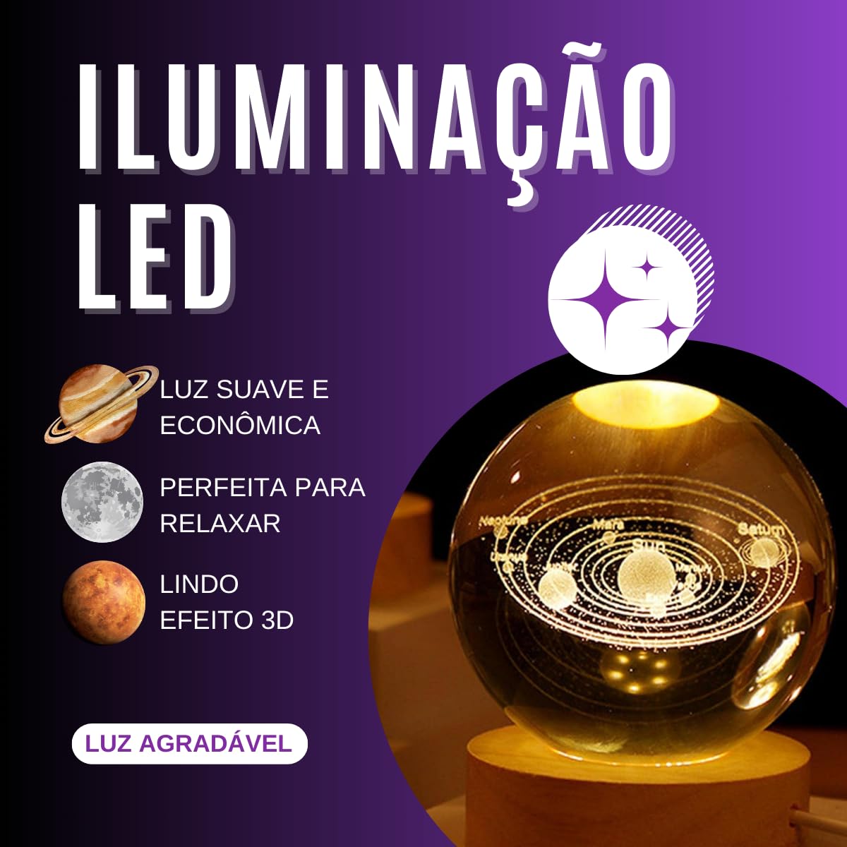 Luminária de Mesa Led Bola de Cristal 3D Astronauta Lua Saturno Galaxia Abajur para Quarto Escritório Decoração Presente (SATURNO)