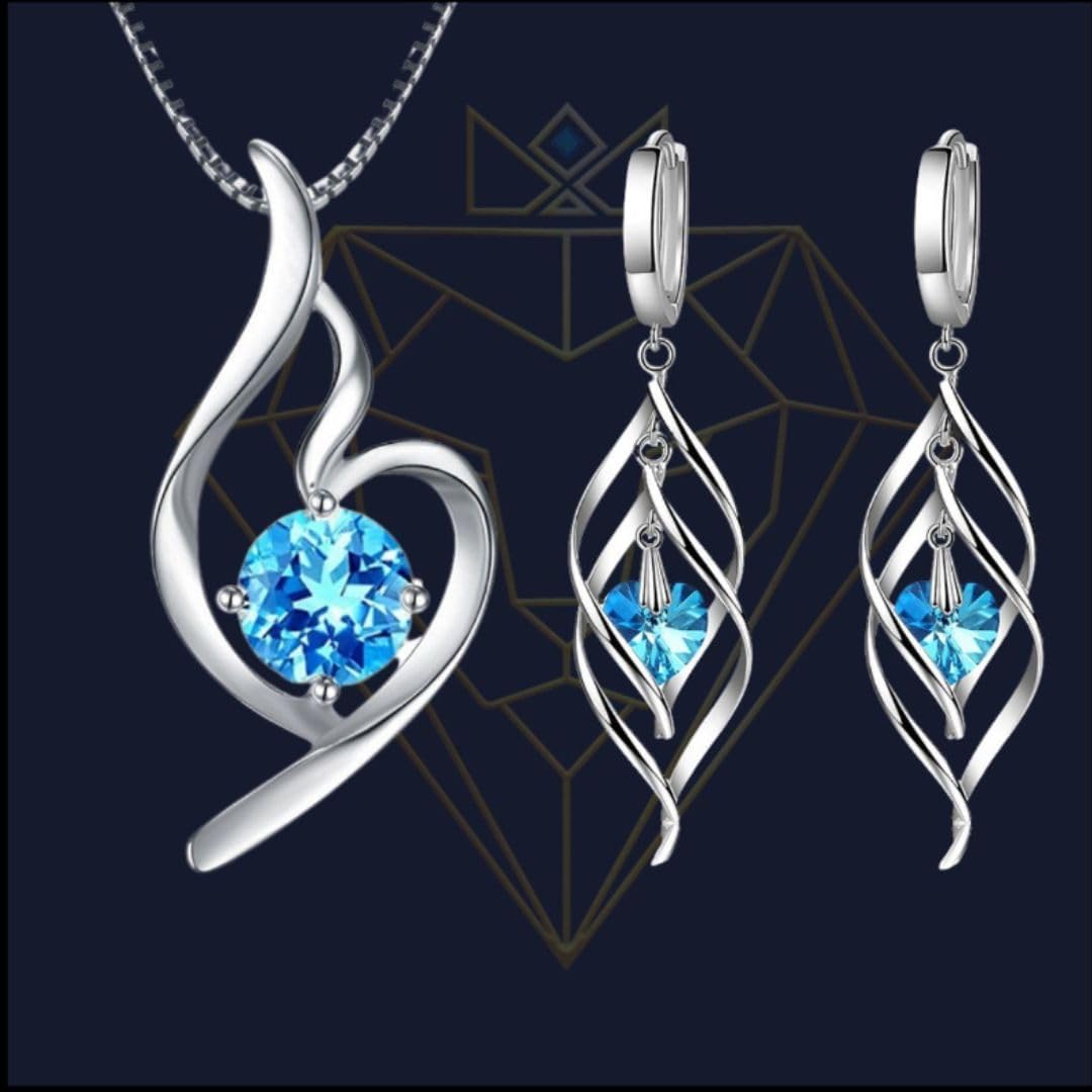 Conjunto Feminino "Esterlina Blue" com Colar e Brincos Banhados em Prata 925 – Semijoia com Pingentes de Zircônia Azul em Formato de Coração – Elegância e Sofisticação para o Dia a Dia