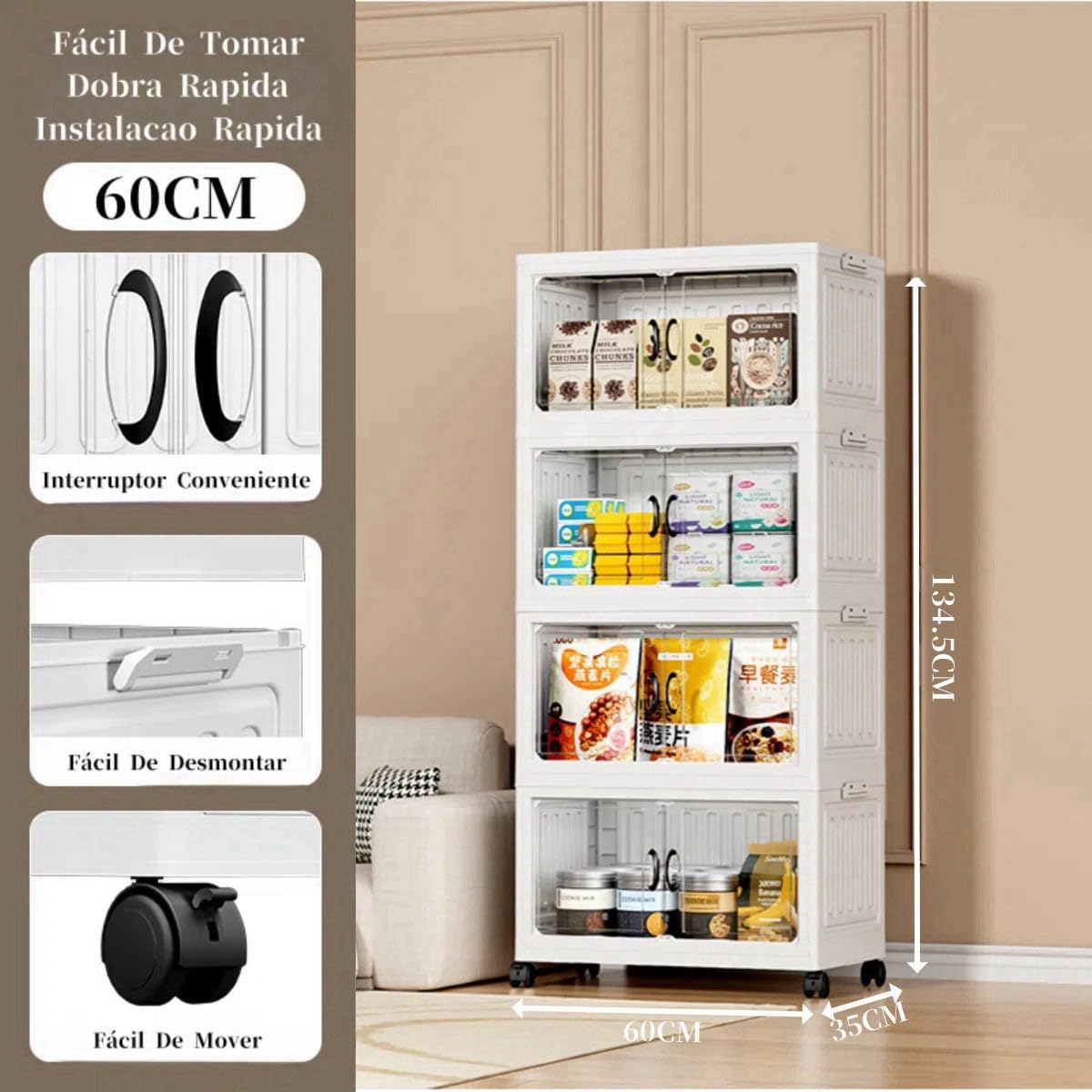 Armário Organizador Dobrável com Rodas 360°, 4 Camadas, 60x35x134.5cm, Caixa de Armazenamento Multiuso para Casa, Quarto, Cozinha