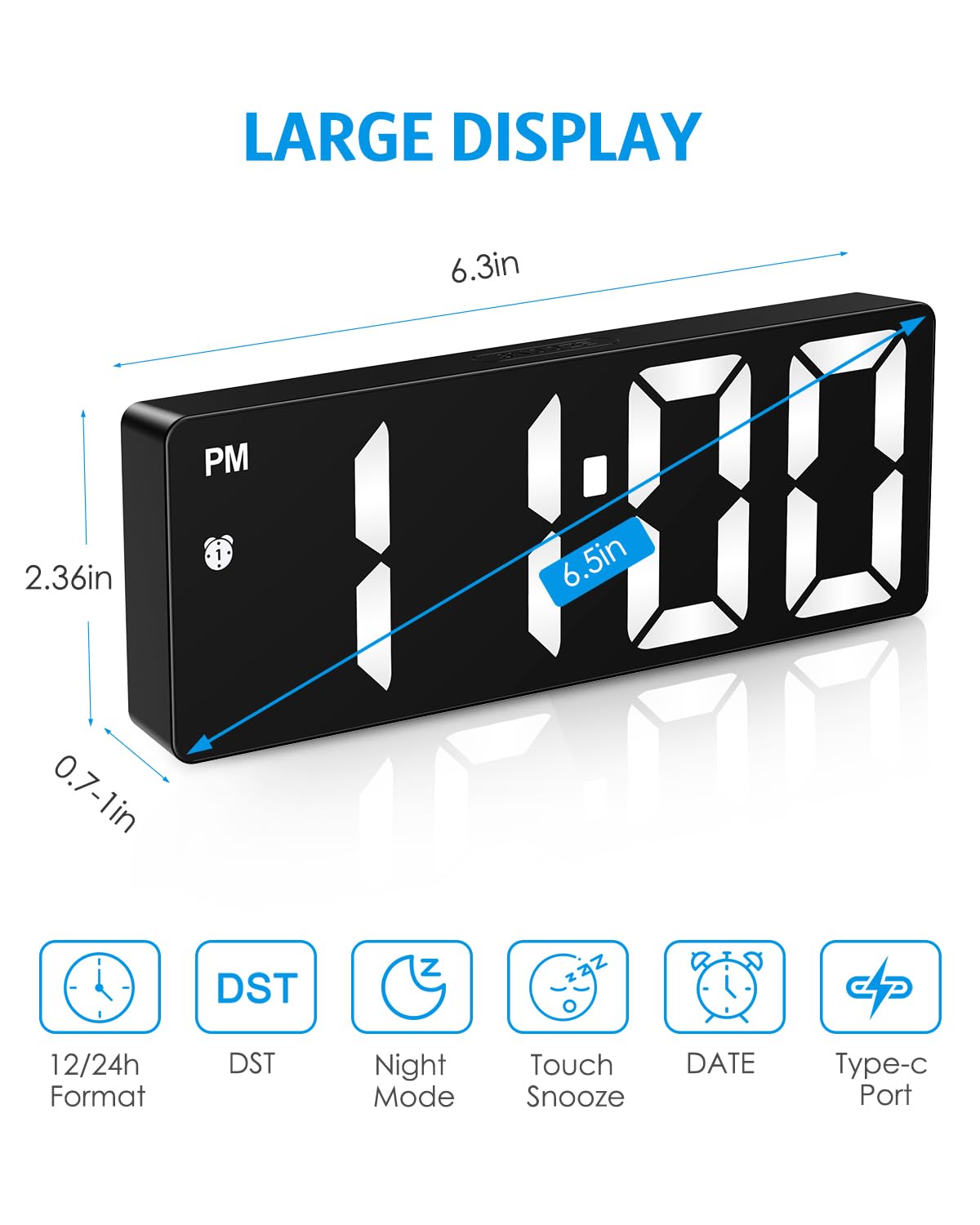 (Versão atualizada) Relógio despertador digital, Relógio LED para quarto, Relógio eletrônico de mesa com visor de temperatura, brilho ajustável, controle de voz, visor 12/24H para casa, dormitório, escritório