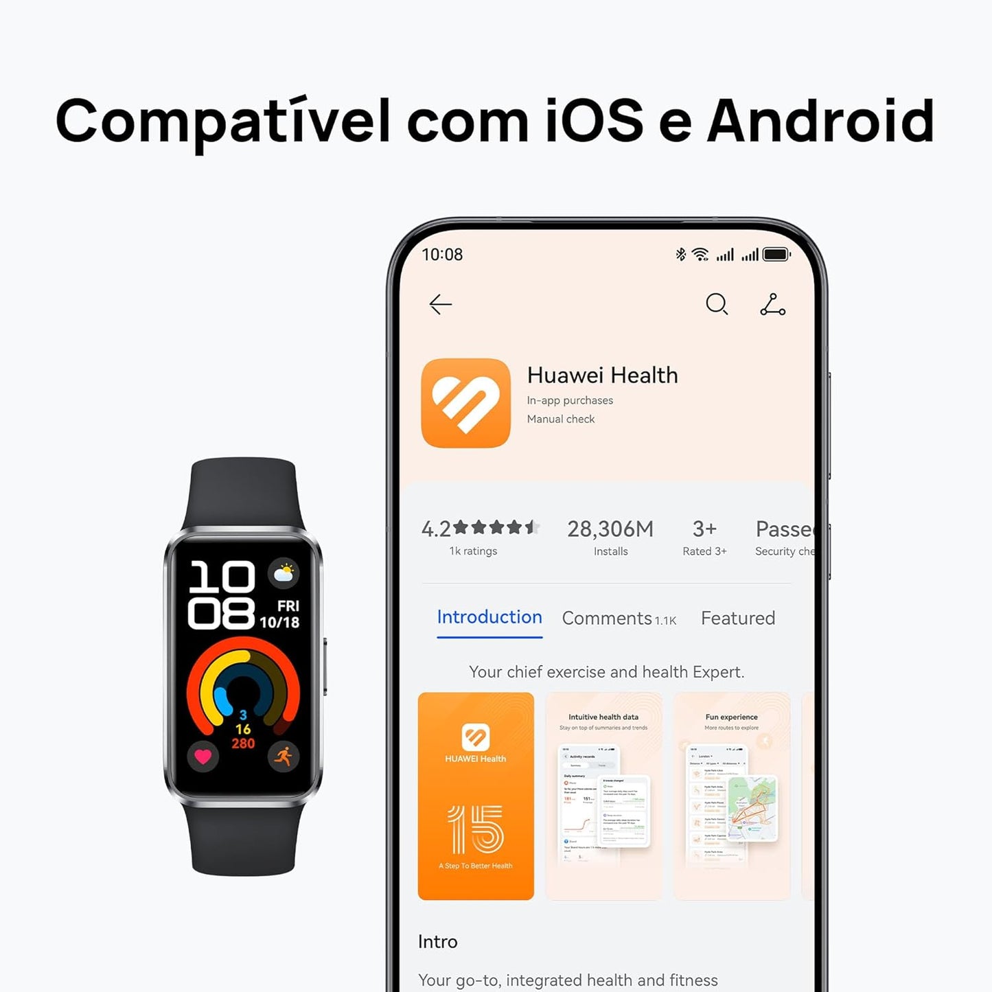 Smartwatch, HUAWEI Band 10, Corpo Elegante em Liga de Alumínio, Análise do Sono em Nível Profissional, Assistente de Bem-estar Emocional, Relógio Smartwatch Compatível com Android e iOS, Azul