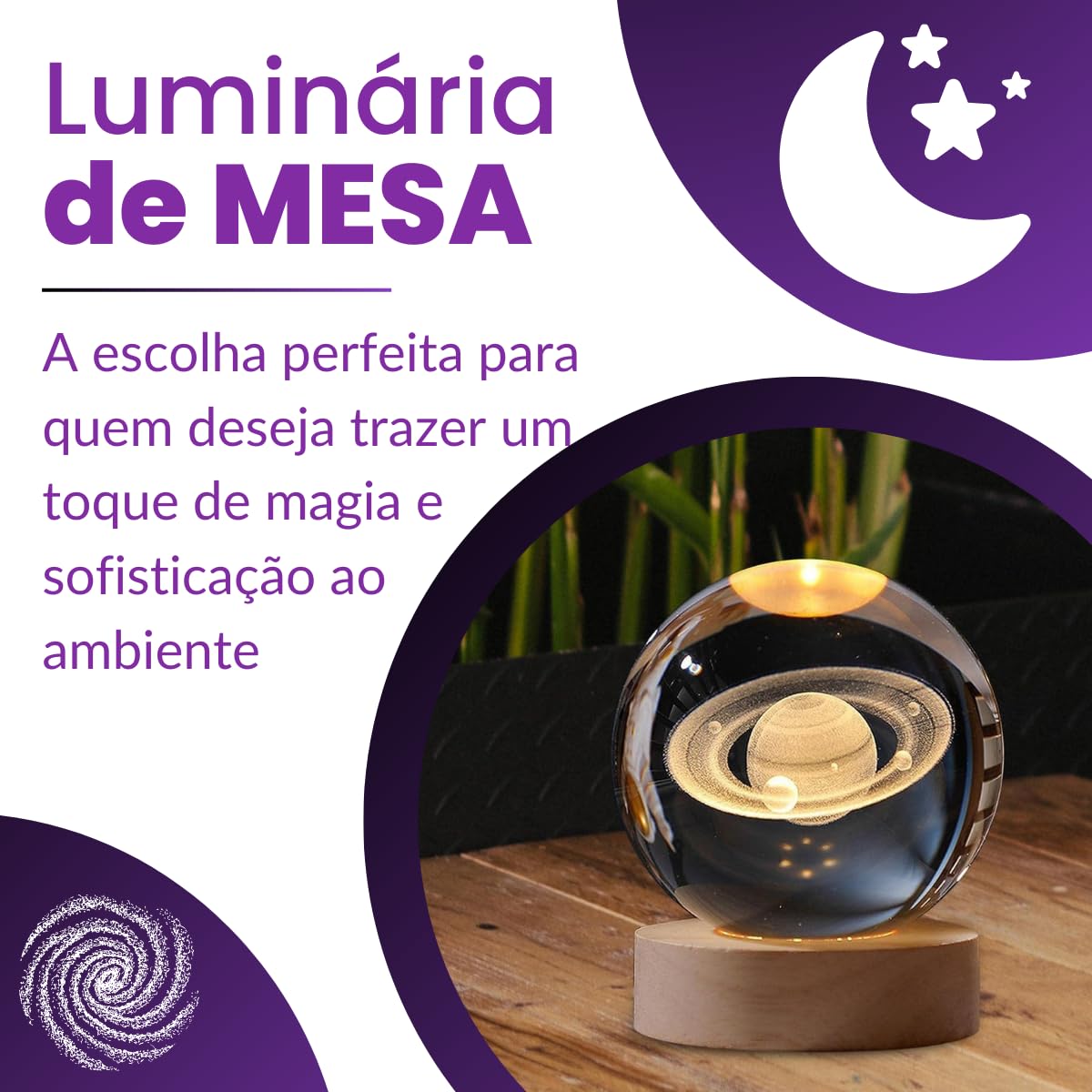 Luminária de Mesa Led Bola de Cristal 3D Astronauta Lua Saturno Galaxia Abajur para Quarto Escritório Decoração Presente (SATURNO)