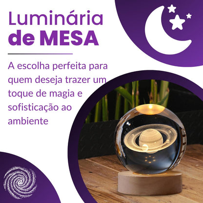 Luminária de Mesa Led Bola de Cristal 3D Astronauta Lua Saturno Galaxia Abajur para Quarto Escritório Decoração Presente (SATURNO)