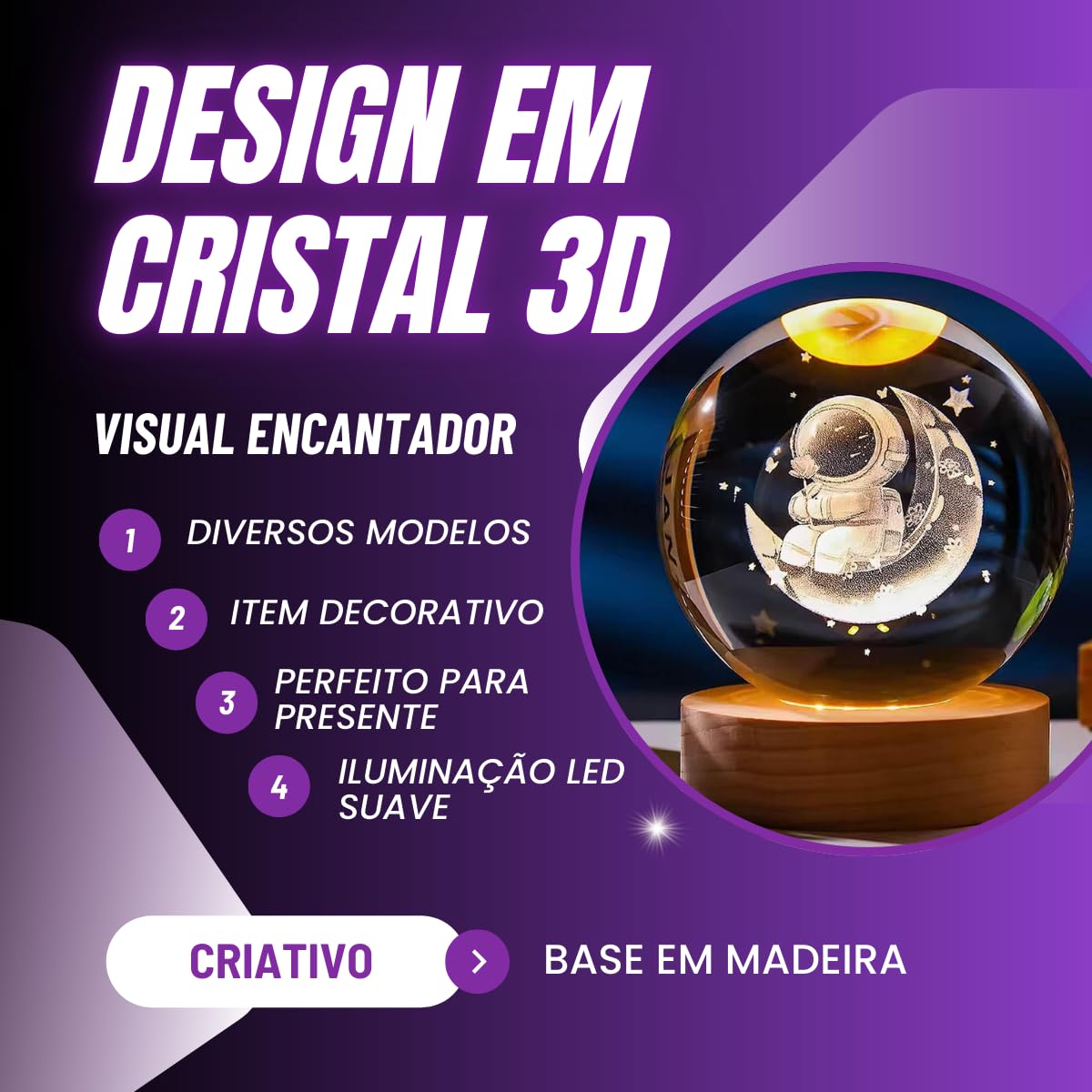 Luminária de Mesa Led Bola de Cristal 3D Astronauta Lua Saturno Galaxia Abajur para Quarto Escritório Decoração Presente (SATURNO)