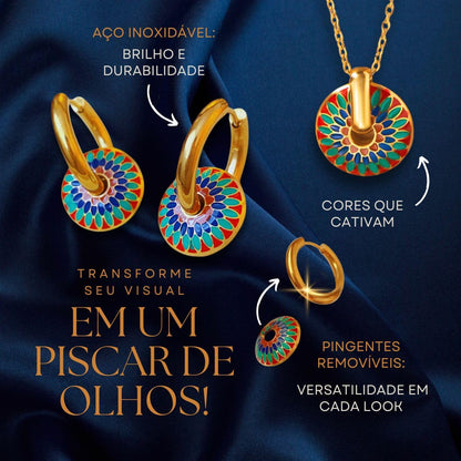 Conjunto Feminino ¨Talavera¨ em Aço Inoxidável – Brincos com Pingente Removível, Corrente 45cm – Cores Vibrantes, Estilo e Versatilidade – Acompanha Bolsa de Veludo