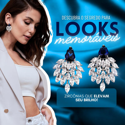 Brincos Femininos Festa Luxo "Mystic Feather" – Cravejado em Zircônias Marquise – 4 Cores – Moderno, Elegante e Sofisticado – Acompanha Bolsa de Veludo