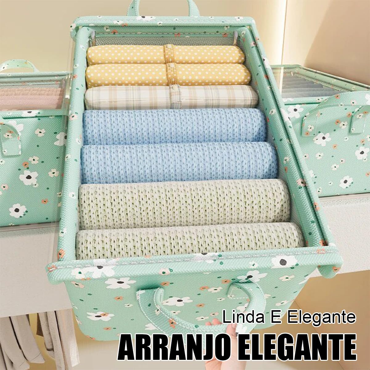 Kit com 2 Caixas Organizadoras Floral Verde, Tampa Transparente e Estrutura de Aço - Oxford Resistente, Organização Prática para Quarto, Closet e Casa
