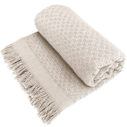 Decolab Manta para Sofá em Algodão com Franjas Artesanais | Cobertor Decorativo para Sofa, Poltrona e Cama | Estilo Boho Chic (Branca-Cru)