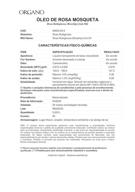 Rosa Mosqueta Rubiginosa ORGANO - Óleo Vegetal 100% Puro E Natural - Clareador E Antimanchas - 30ml