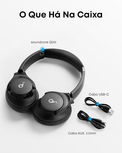 soundcore Q20i da Anker, Fone de Ouvido Bluetooth com Cancelamento de Ruído Híbrido Ativo, Headphone Sem Fio, 60h Bateria, Áudio Hi-Res, Graves Potentes, App Personalização, Modo Transparência, Preto