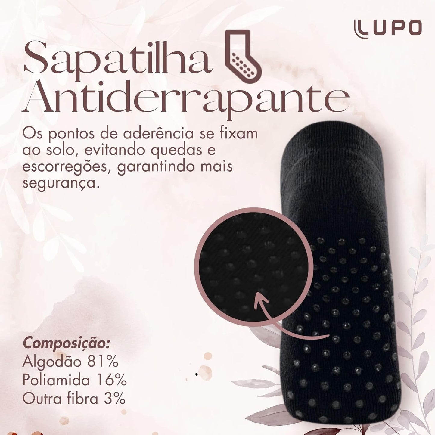 LUPO Meia Pilates Antiderrapante Sport Sapatilha Feminina Algodão, Preto, M (37-40)