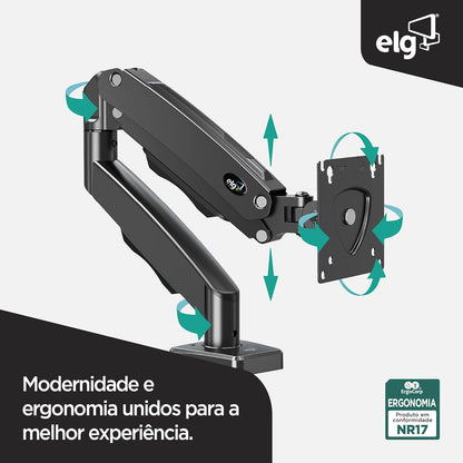 ELG, F80N, Suporte Articulado de Mesa, Pistão a Gás, Design Compacto e Retrátil, Ergonômico, Monitores 17'' a 35'', 2kg a 9kg, Preto