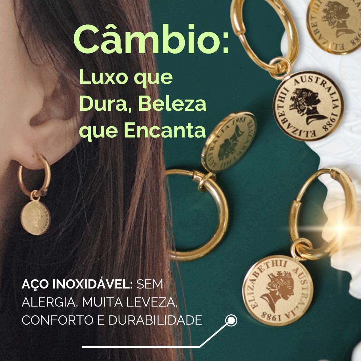 Brinco Feminino Moeda "Câmbio" em Aço Inoxidável – Design Elegante e Significado de Troca Justa – Estilo Minimalista e Moda Contemporânea – Acompanha Bolsa de Veludo