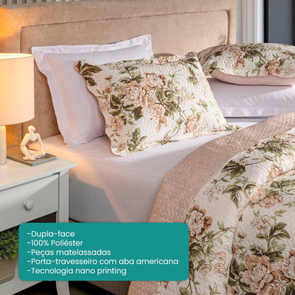 BEM CASA Kit Cobre Leito Colcha Boutis 3 Peças Matelado Ultrassônico Estampado Dupla Face Porta Travesseiro Aba Americana Micro Percal 150 Fios (Beatriz Rose, Casal)